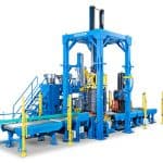 Línea automática de prensado y flejado Sorsa para bobinas de alambre con integración de robot ABB y cabezal de soldadura TIG.