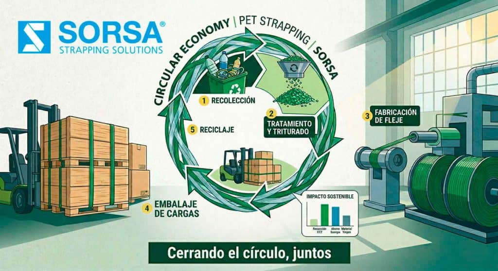 Infografía del ciclo de economía circular del fleje de PET reciclado en una planta industrial.