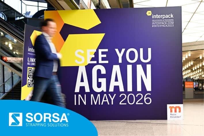 SORSA team presenting automatic strapping and industrial banding systems at Interpack 2026.