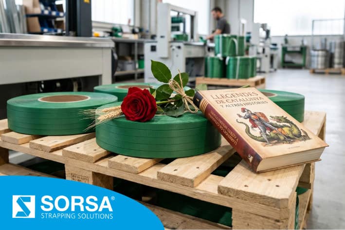 Sorsa green PET strapping reels with a red rose and a Sant Jordi book in a factory.